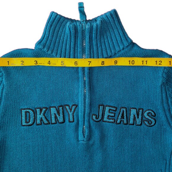 DKNY Jeans | Vintage Peacock Blue ¼ Zip Logo Mock Neck Sweater | M - Picture 5 of 9